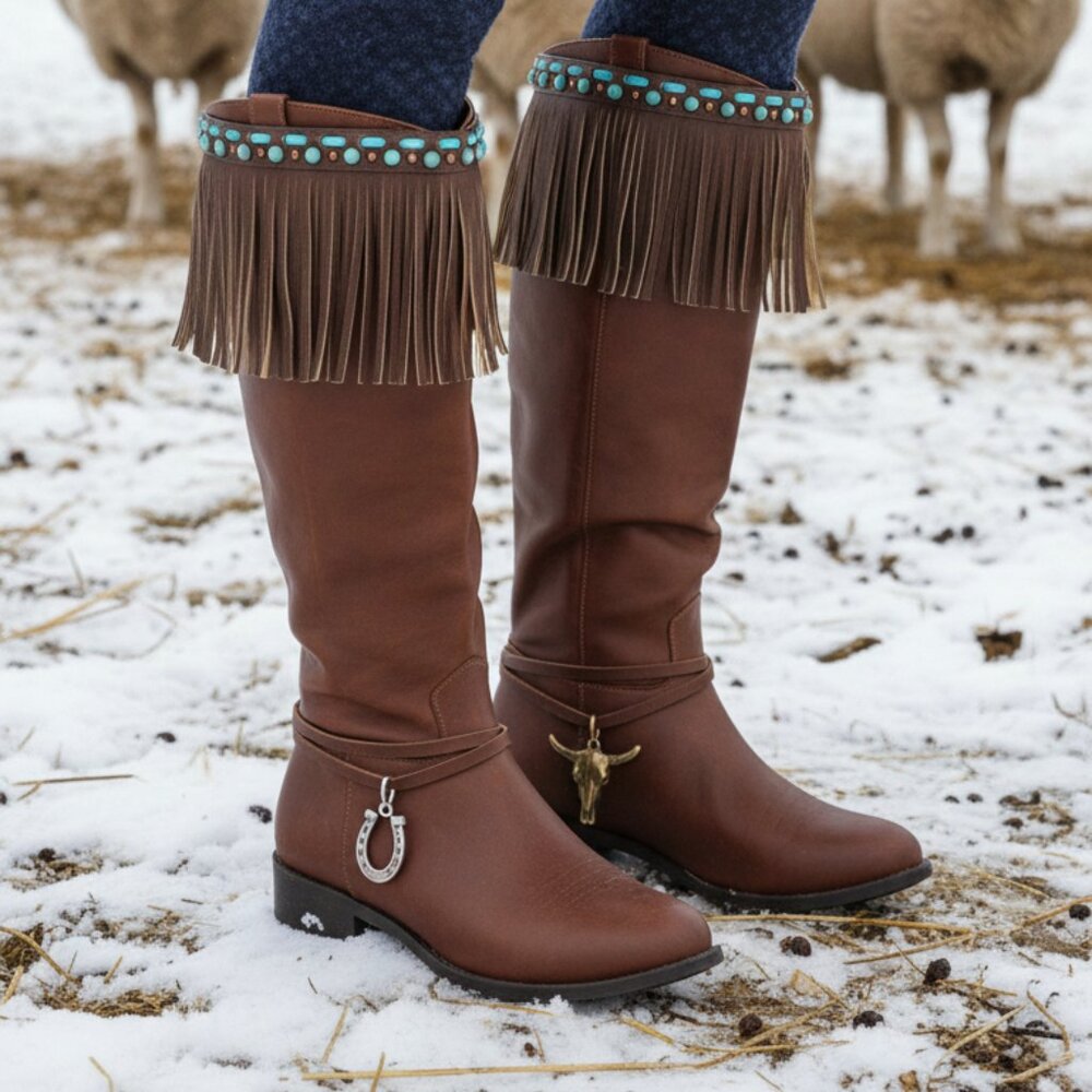 Western Women Winter Boot Toppers Brown Faux Leather Fringe Knee Turquoise Blue